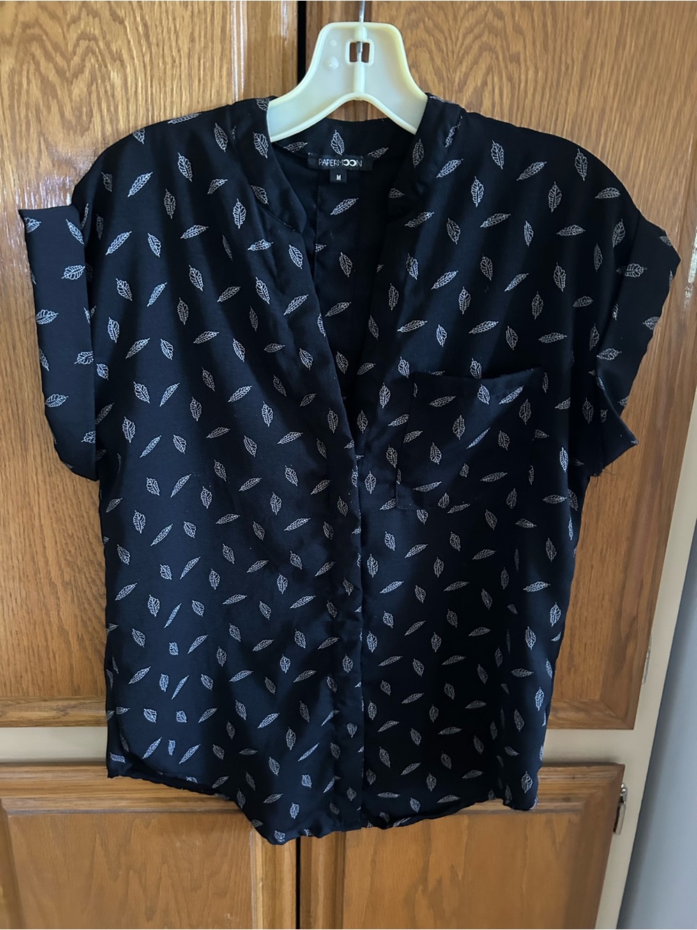 $15 Papermoon Black Short-Sleeve Blouse with Leaf Print